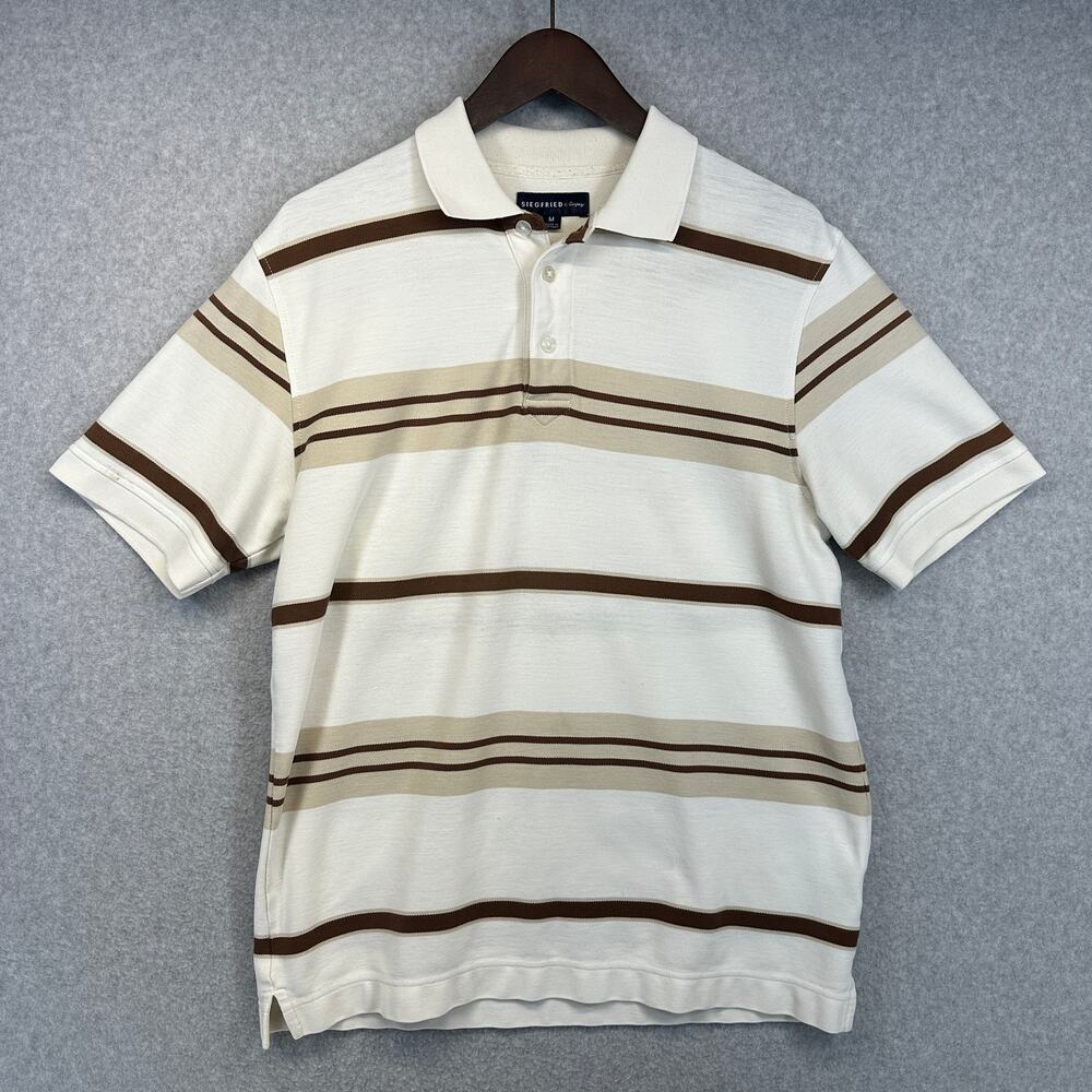 Siegfried & Company Polo Shirt Mens Medium White Brown Striped Short Sleeve